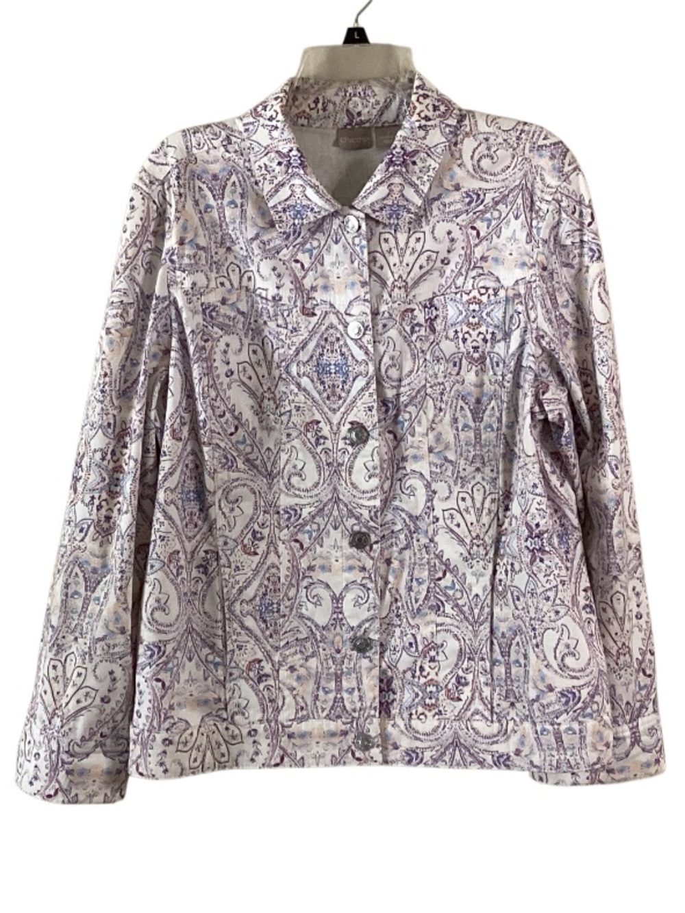 Chico’s Paisley Printed Button-Up Shirt Jacket in Lavender and White XL 16/18